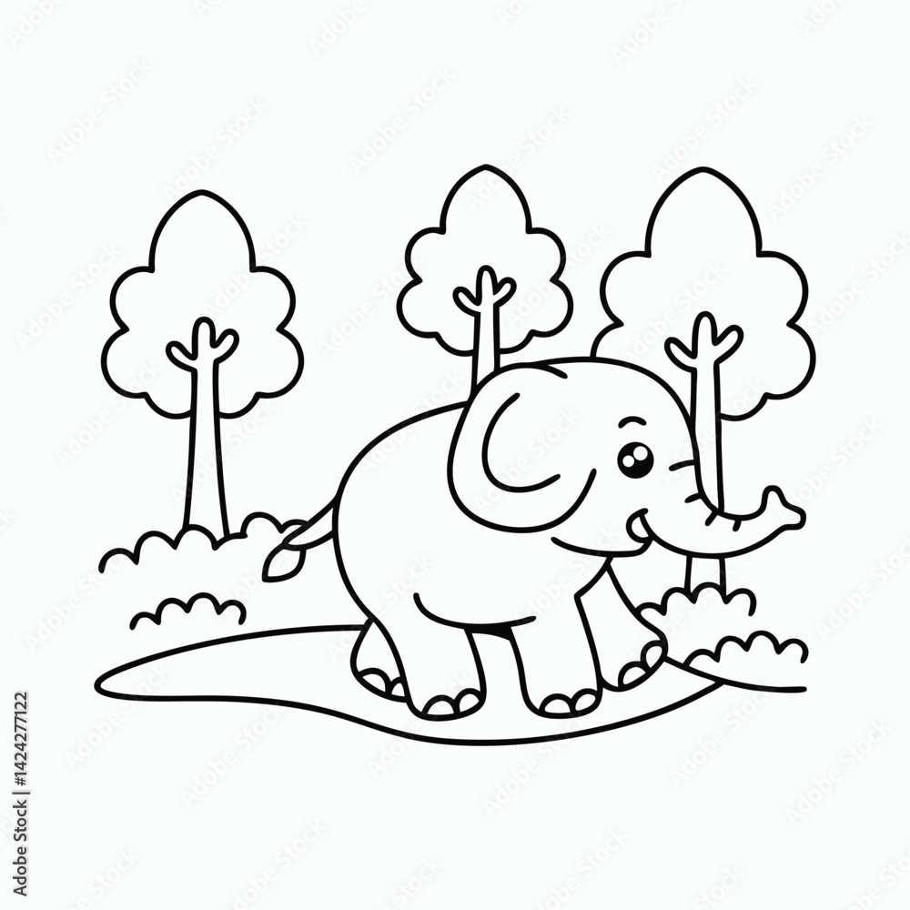 Fototapeta premium Elephant Animal Coloring Pages for Kids – Simple Black and White Line Drawings Vector Art Illustration.