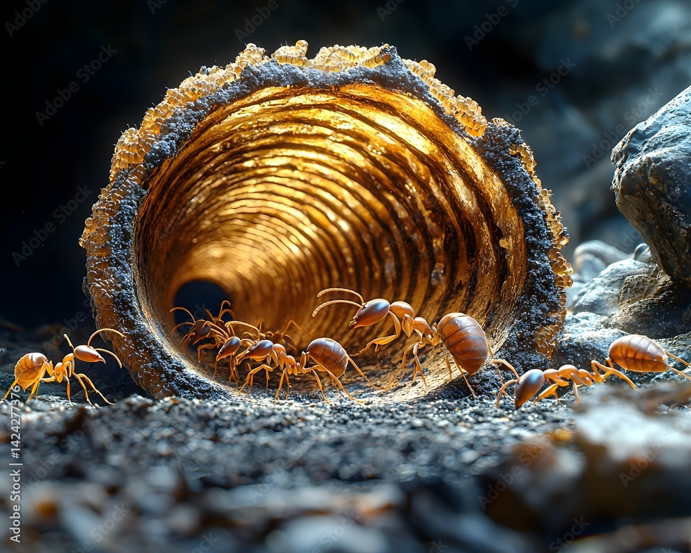 Intricate ant colony tunnels in underground cross section