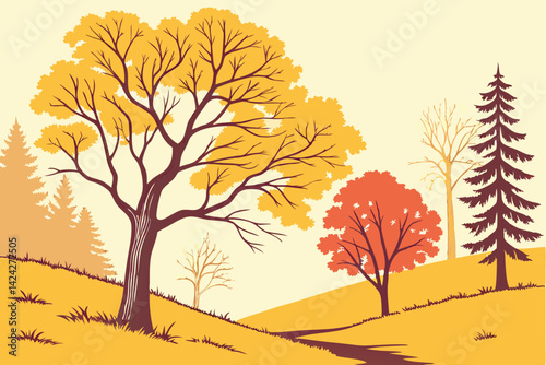 16 Autumn trees, golden foliage, watercolor style, vector illustration, seasonal landscape, yellow and orange leaves, deciduous trees, nature art, fall colors, bare branches, artistic tree silhouettes