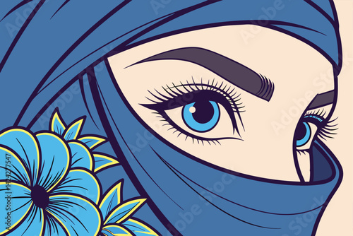 Illustrated Woman Eyes in Blue Floral Headscarf Digital Art CloseUp