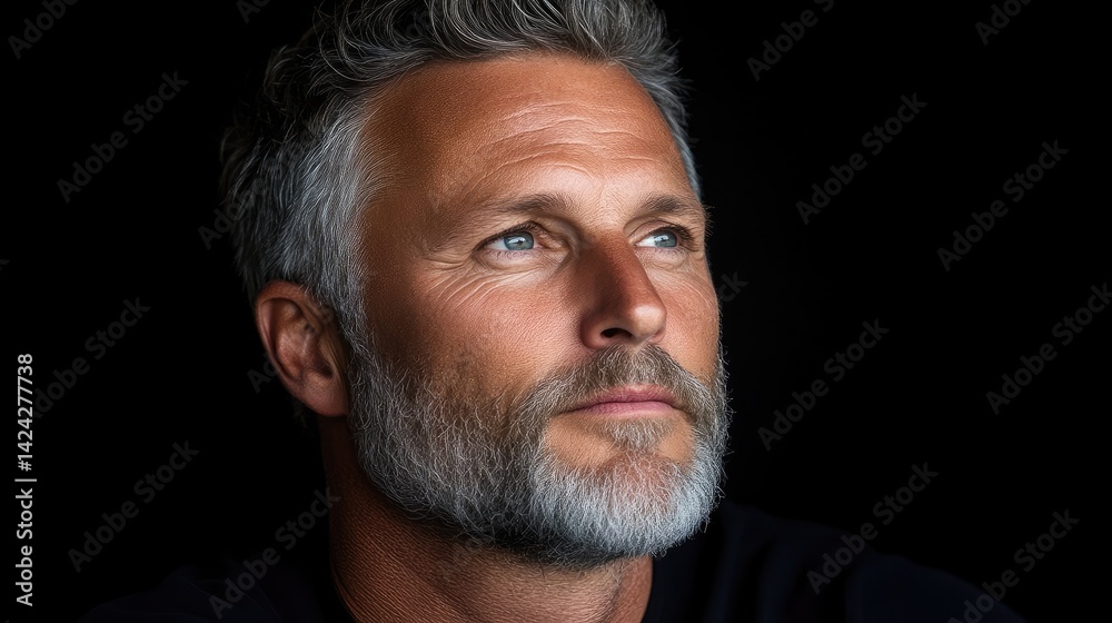 Fototapeta premium Close-up portrait of a mature man with thoughtful expression. Gray hair and beard, looking upward