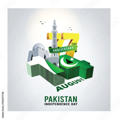 14 August Pakistan independence day. 3d letter  with Quaid-e-Azam Tomb, Minar e Pakistan and  Pakistani flag. abstract vector illustration design