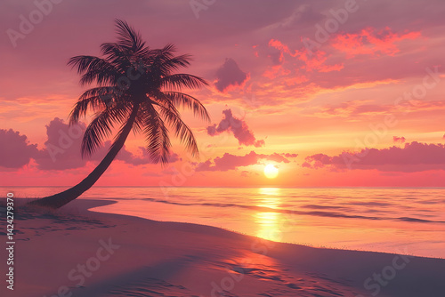 Silhouette palm tree at tropical sunset over tranquil beach.