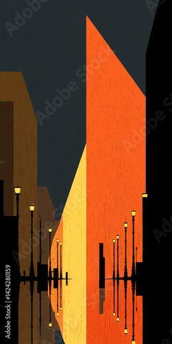 Minimalist and surreal digital drawing of a cityscape with geometric buildings reflected in water at night, using vibrant colors of orange, red, yellow, blue and green.