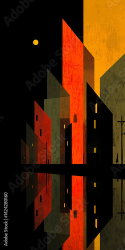 Minimalist and surreal digital drawing of a cityscape with geometric buildings reflected in water at night, using vibrant colors of orange, red, yellow, blue and green.