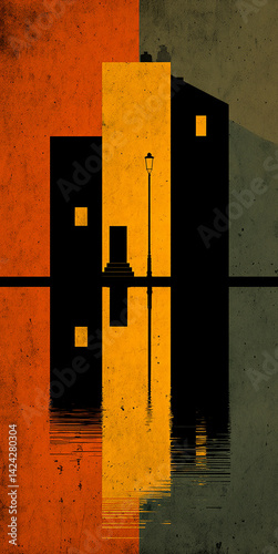 Minimalist and surreal digital drawing of a cityscape with geometric buildings reflected in water at night, using vibrant colors of orange, red, yellow, blue and green.