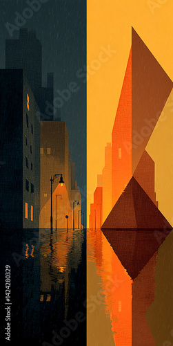 Minimalist and surreal digital drawing of a cityscape with geometric buildings reflected in water at night, using vibrant colors of orange, red, yellow, blue and green.