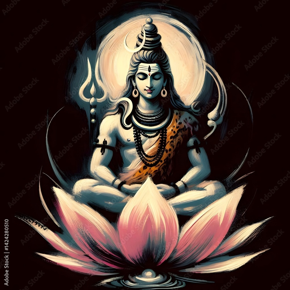 Fototapeta premium oil paint art of lord shiva sitting on lotus on black background