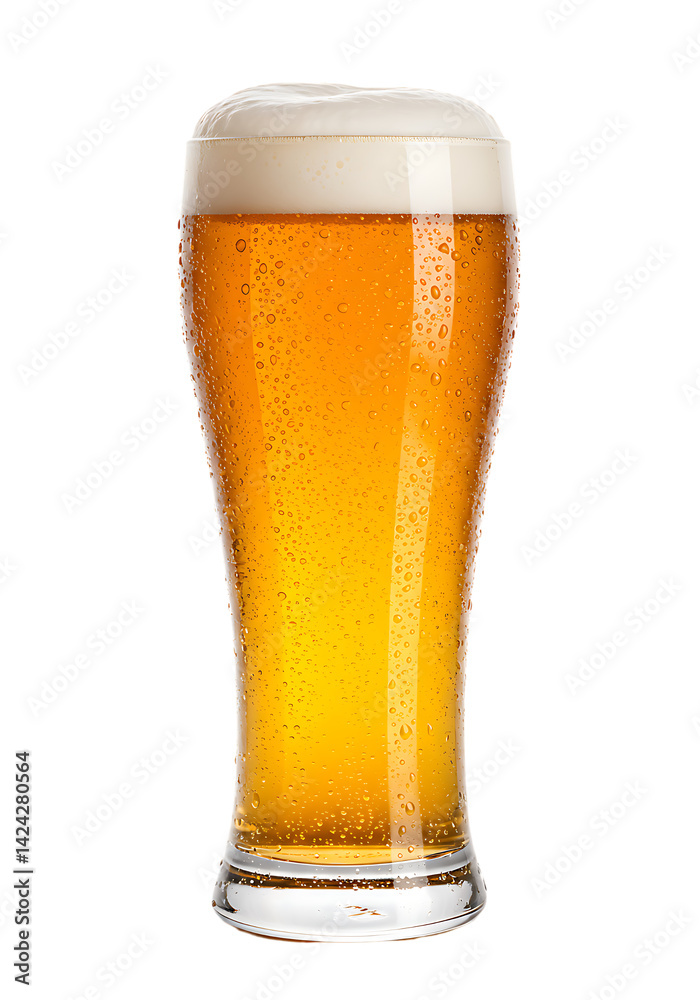 Tall glass of cold beer with frothy head and condensation, perfect for a refreshing drink.
Tall glass of cold beer with frothy head and condensation, perfect for a refreshing drink.