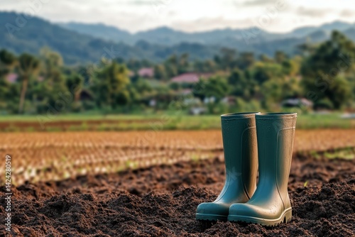 Dark green rubber boots stand on rich farmland.