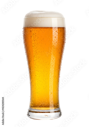 Tall glass of cold beer with frothy head and condensation, perfect for a refreshing drink.

