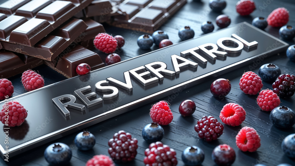 sign with inscription Resveratrol, grapes, chocolate, blueberries, raspberries