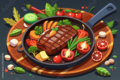 American food concept Grilled beef steak with grilled vegetables, with carrots, cherry tomatoes, broccoli, in a cast iron pan.