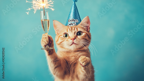 Happy New Year Card – Cute Cat with Sparkler and Champagne on Turquoise Background