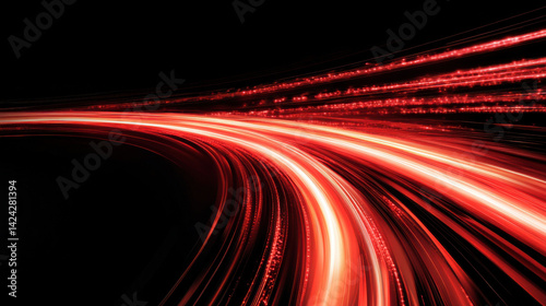 A pulsating crimson line of light speed motion, a vibrant canvas of digital technology, streaks across a stark black backdrop, hinting at the boundless speed and dynamism of the universe 