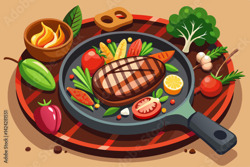 American food concept Grilled beef steak with grilled vegetables, with carrots, cherry tomatoes, broccoli, in a cast iron pan.