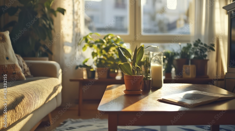 Bright living room with large windows, sheer curtains, and potted plants Bright living room with large windows, sheer curtains, and potted plants