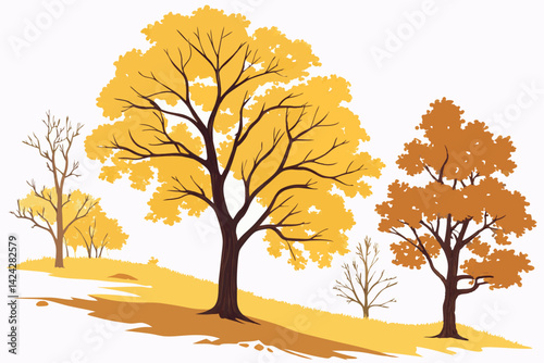 17 Autumn trees, golden foliage, yellow and orange leaves, watercolor style, vector illustration, seasonal collection, deciduous trees, fall colors, nature artwork, botanical set, isolated trees on wh