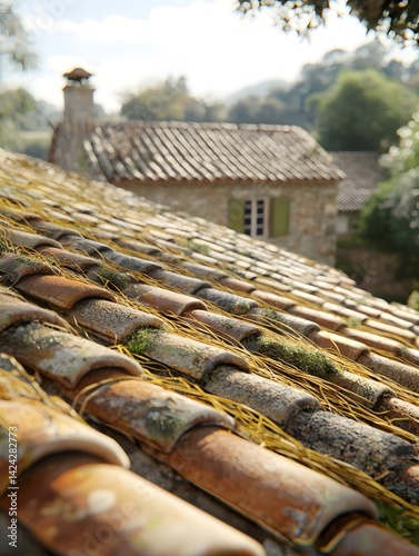 The golden wheat stacks on the roof of the farmhouse