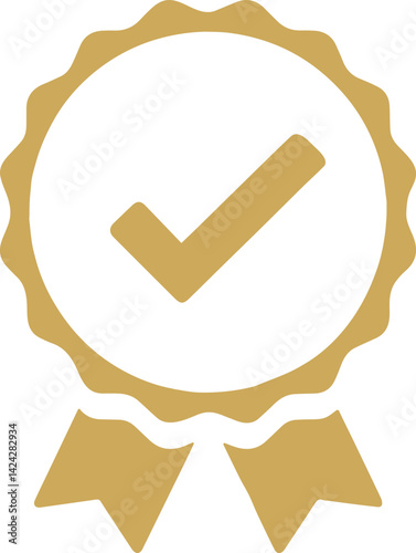 Golden badge checkmark vector, certified ribbon icon, approval stamp, award label tick, verified seal logo
