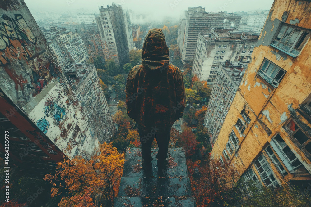 The image shows a hooded man standing on the edge of a high-rise building looking down at a city covered in autumn foliage.