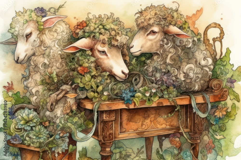 A watercolor illustration of three sheep sitting at a carved wooden table surrounded by lush greenery and flowers.