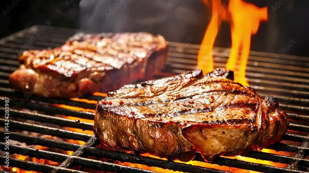 Animation with two juicy steaks with grill marks sizzling over an open flame on a barbecue, with fire and smoke rising, creating a mouthwatering scene of outdoor cooking and rich flavors.