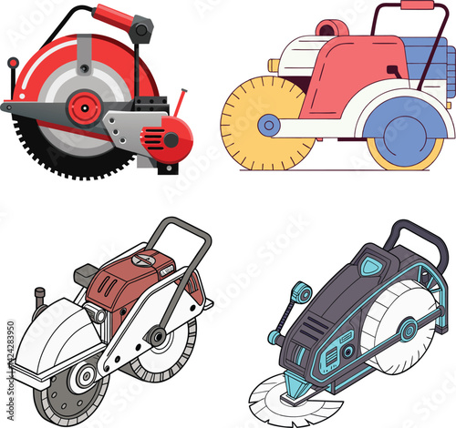 Editable EPS Concrete Saw Machines – Flat, Modern, and Cartoon Styles. 