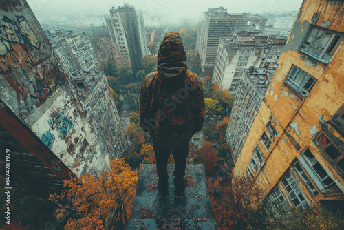 Obraz na płótnie The image shows a hooded man standing on the edge of a high-rise building looking down at a city covered in autumn foliage. w salonie