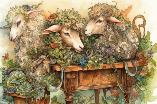 Obraz na płótnie A watercolor illustration of three sheep sitting at a carved wooden table surrounded by lush greenery and flowers. w salonie