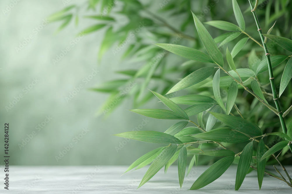 Minimalistic and aesthetic photo of bamboo branches with delicate green leaves on a soft blurred background.