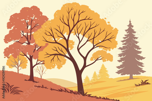 17 Autumn trees, golden foliage, yellow and orange leaves, watercolor style, vector illustration, seasonal collection, deciduous trees, fall colors, nature artwork, botanical set, isolated trees on wh