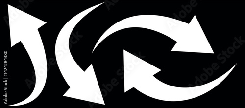 White curve arrows set.Arrow sign. Set of curved arrows isolated on black background. Curved arrows, hand drawn curved arrows illustration. curve arrow in white color 