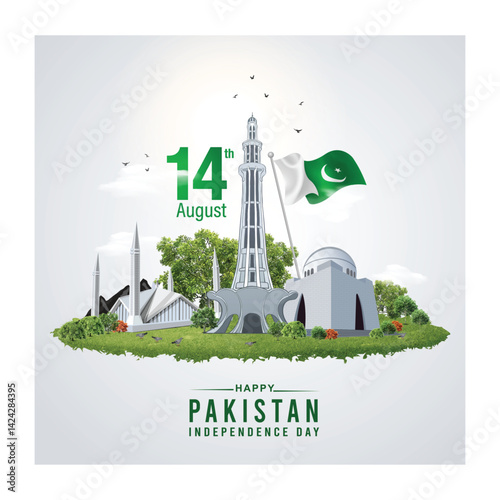 14 August Pakistan independence day. 3d letter  with Quaid-e-Azam Tomb, Minar e Pakistan and  Pakistani flag. abstract vector illustration design