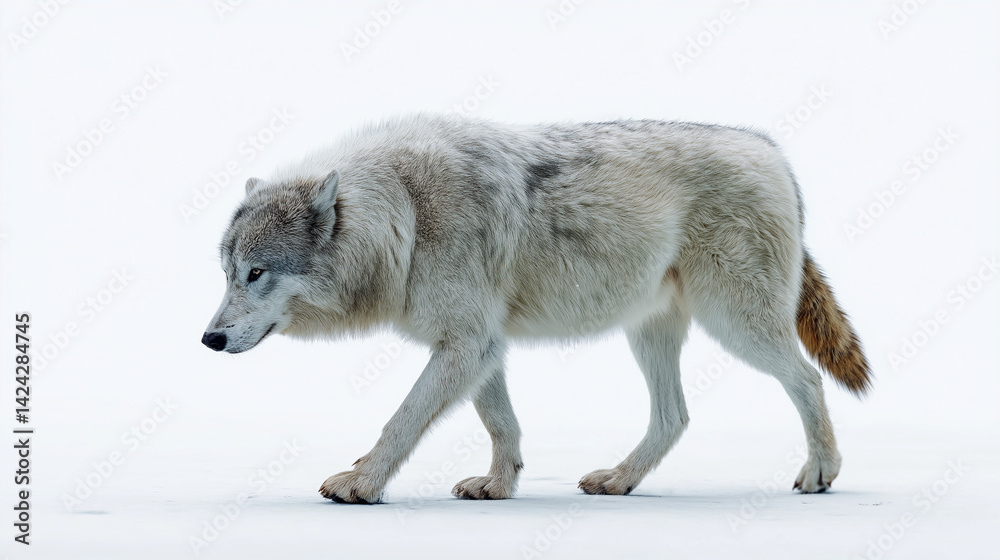 Fototapeta premium majestic dire wolf walking in slow motion, snowy fur, icy eyes, realism-focused art, cinematic detail, on transparent background, full body