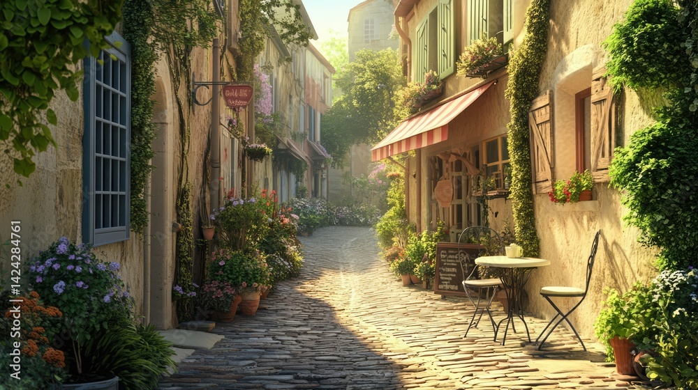 Fototapeta premium Narrow cobblestone street in a charming European village with yellow and beige stone buildings