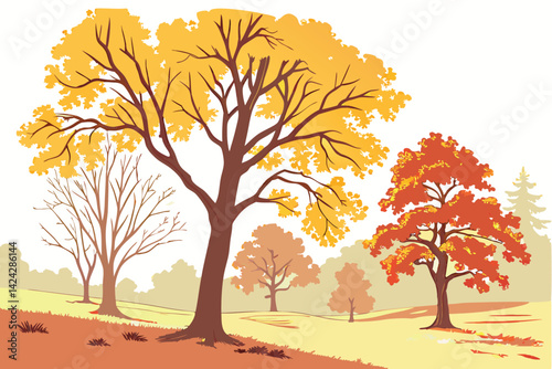 18 Autumn trees, vibrant fall foliage, golden yellow leaves, orange leaves, watercolor style, botanical illustration, seasonal landscape elements, deciduous trees, isolated tree designs, artistic rend