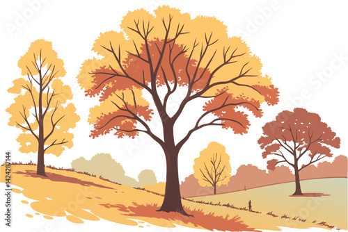 18 Autumn trees, vibrant fall foliage, golden yellow leaves, orange leaves, watercolor style, botanical illustration, seasonal landscape elements, deciduous trees, isolated tree designs, artistic rend