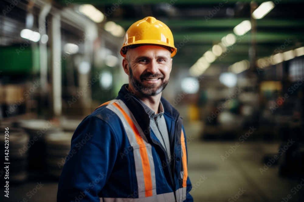 confident smiling man portrait in a factory worker confident smiling man portrait in a factory worker