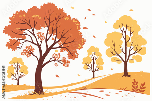 18 Autumn trees, vibrant fall foliage, golden yellow leaves, orange leaves, watercolor style, botanical illustration, seasonal landscape elements, deciduous trees, isolated tree designs, artistic rend