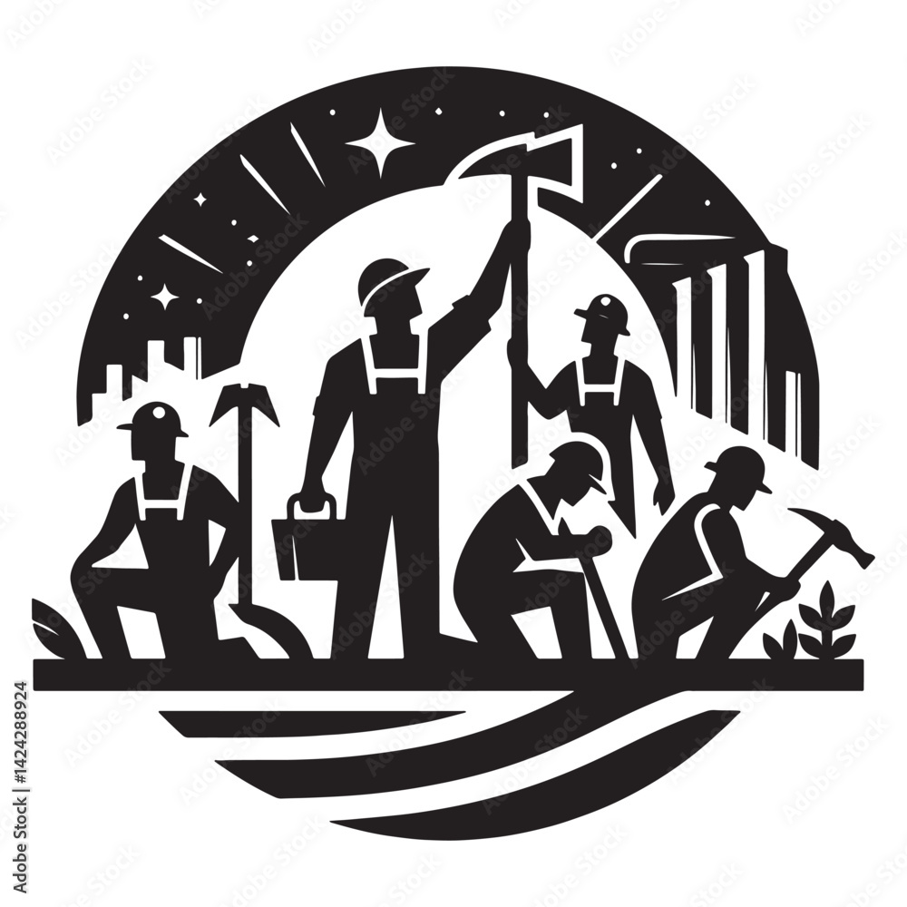 Laborers working together illustration black and white teamwork construction workers hard work silhouette art, labor day