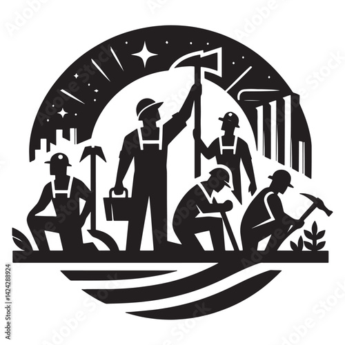 Obraz na płótnie Laborers working together illustration black and white teamwork construction workers hard work silhouette art, labor day w salonie