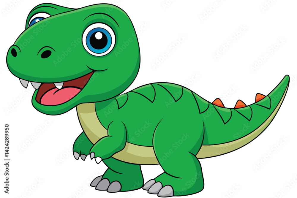 Naklejka premium A cheerful cartoon tyrannosaurus with green scales and bright eyes stands smiling on a white background, Tyrannosaurus cartoon on white background.