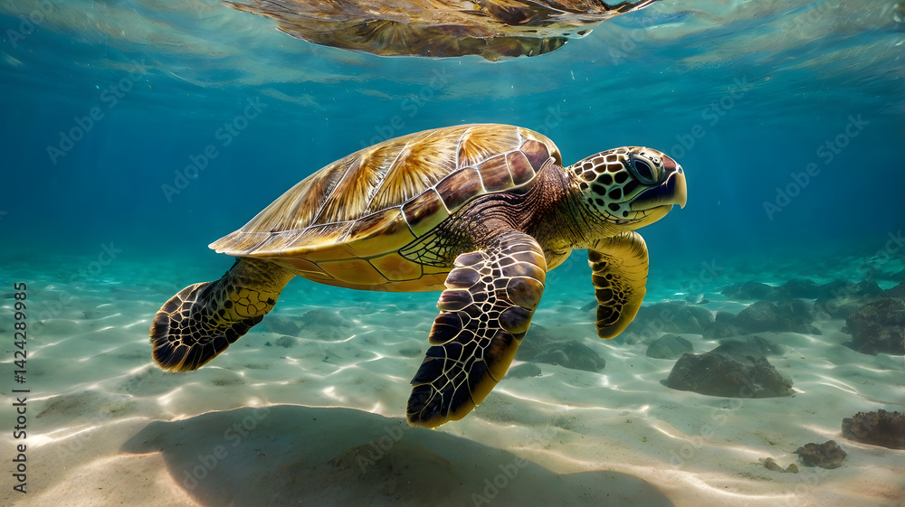 An endangered Hawaiian Green Sea Turtle cruises in the warm waters of the Pacific Ocean in Hawaii.