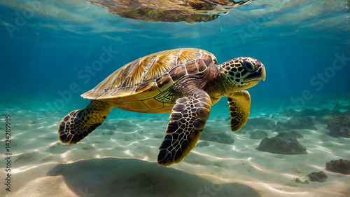 Obraz na płótnie An endangered Hawaiian Green Sea Turtle cruises in the warm waters of the Pacific Ocean in Hawaii. w salonie