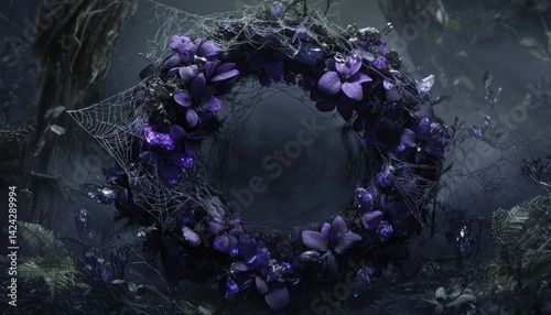 Eerie floral wreath with purple blossoms and spiderwebs in mystical forest