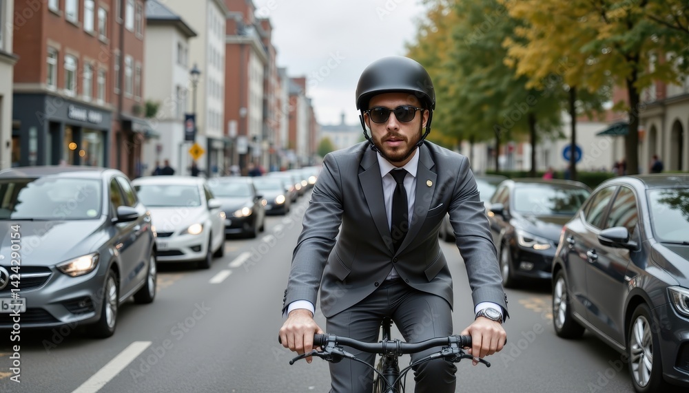 A suited man rides a bicycle through a busy urban street, surrounded by cars, showcasing a blend of style and commuting in a city environment. A suited man rides a bicycle through a busy urban street, surrounded by cars, showcasing a blend of style and commuting in a city environment.