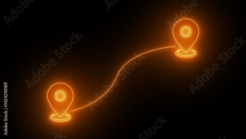 Obraz na plátně Neon digital location pin symbol with map  futuristic illustration of GPS and directions on black background