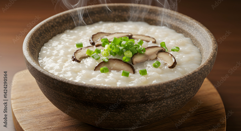 Steaming Congee Topped With Mushrooms and Scallions Comfort Food Steaming Congee Topped With Mushrooms and Scallions Comfort Food