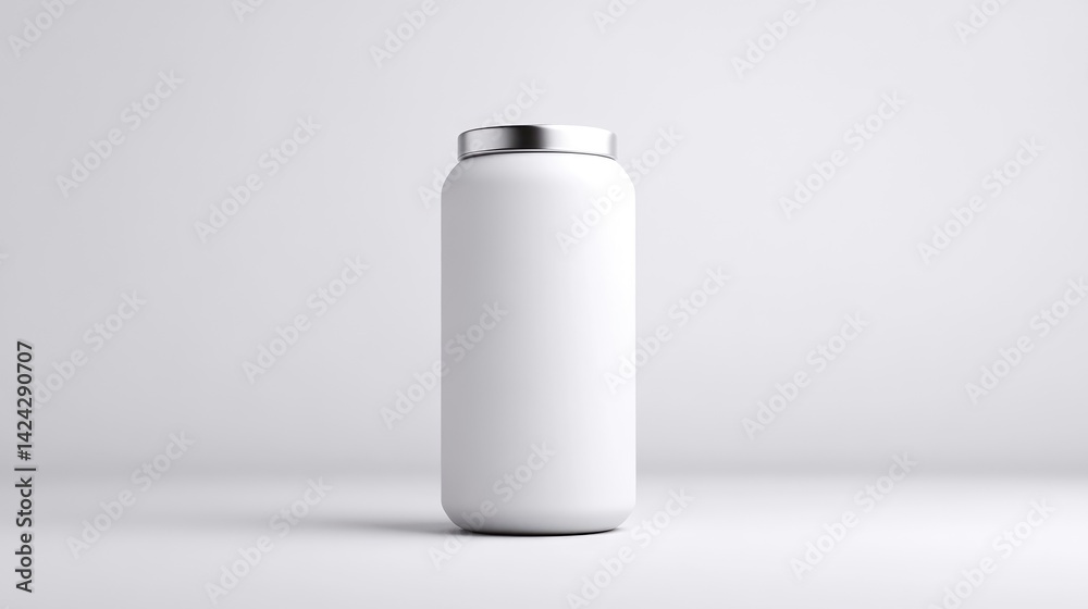 White Protein Container Silver Lid Minimalist Design Studio Lighting Front View Blank Label Ready Product Mockup Neutral Background Perfect Branding Template White Protein Container Silver Lid Minimalist Design Studio Lighting Front View Blank Label Ready Product Mockup Neutral Background Perfect Branding Template